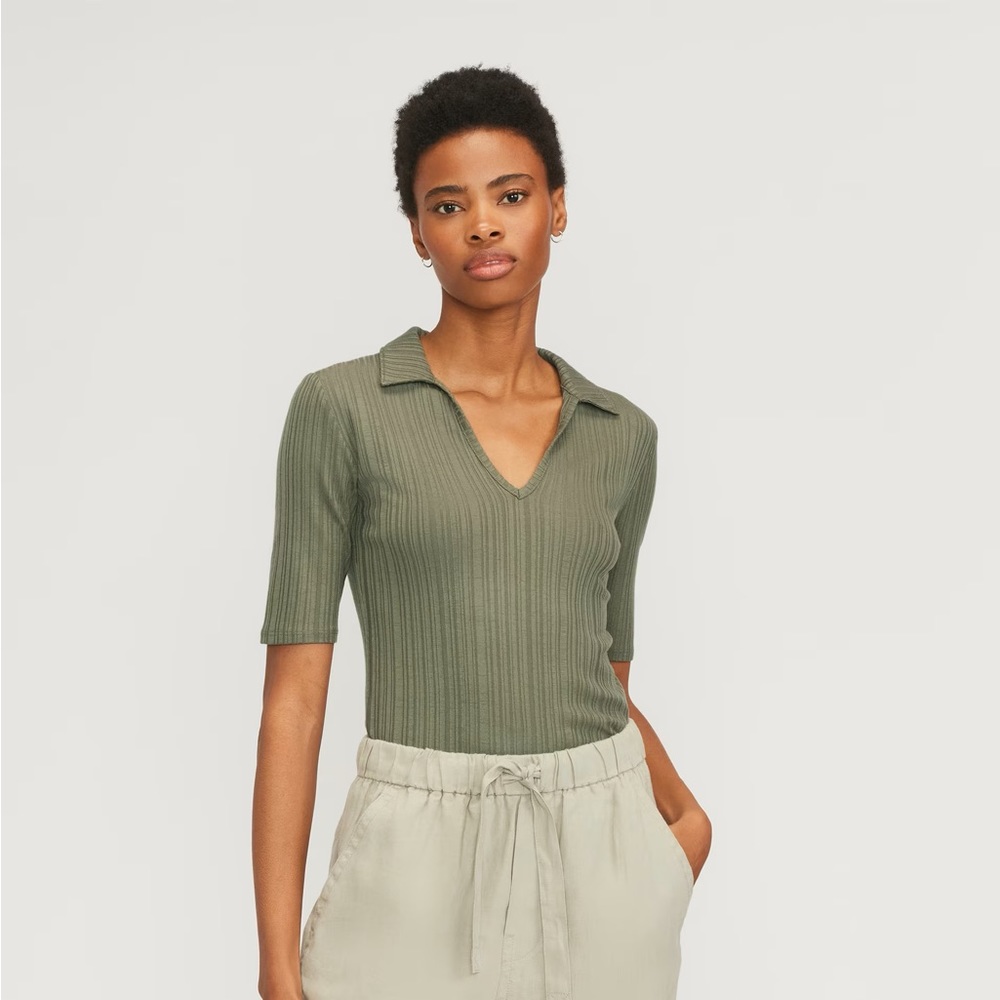 NWT Everlane The Rib Soft Knit Open Collar Polo in Kalamata Size L